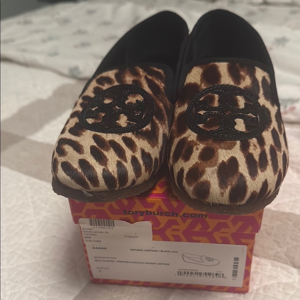 Tory Burch Black and Brown Flats with Leopard Print